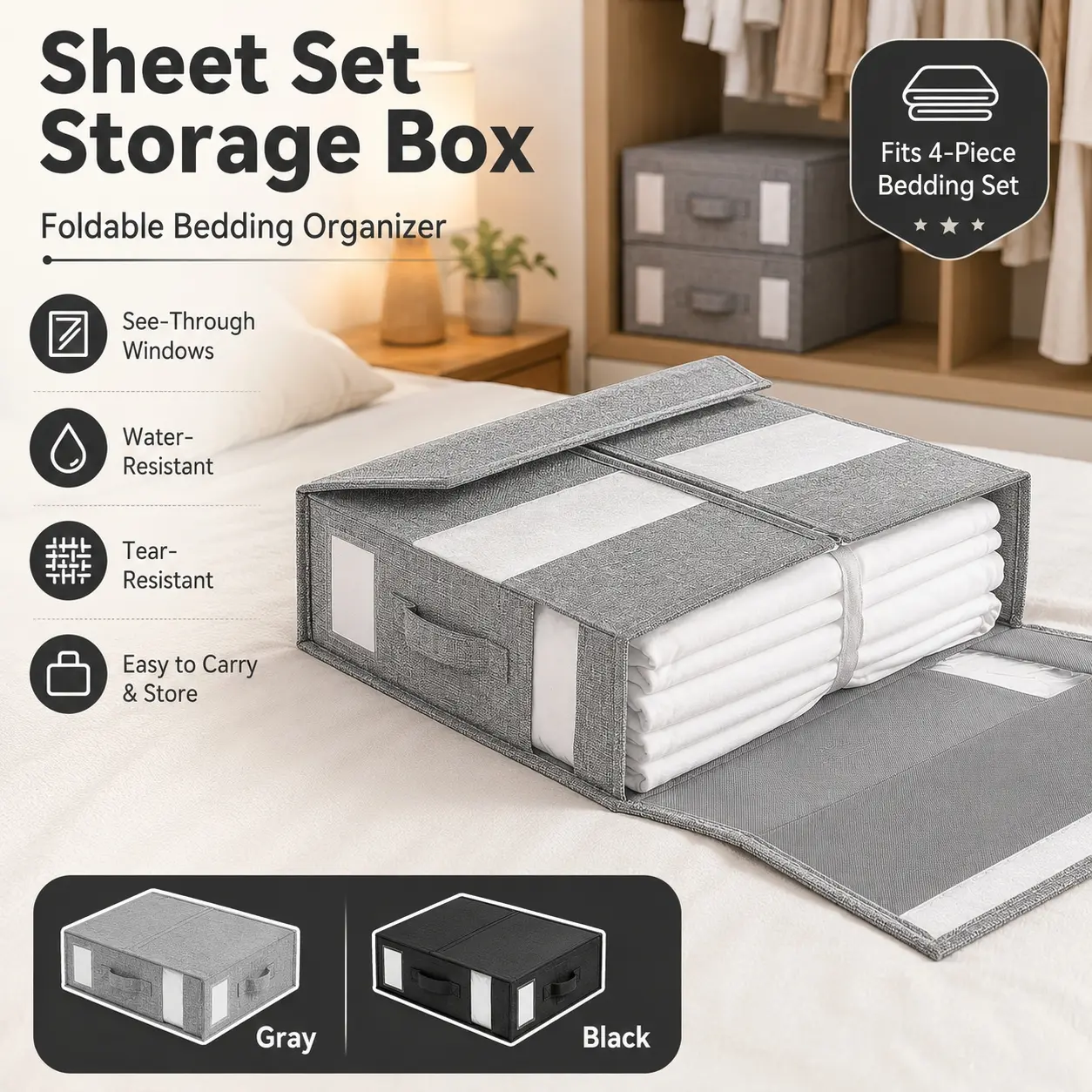 Foldable Sheet Set Storage Box Organizer, Modern Linen-Look Fabric Bedding Holder with Zipper Closure, Clear Viewing Windows, Label Slot and Carry Handles, Space-Saving Closet Organizer for Bed Sheets, Duvet Covers, Blankets and Seasonal Clothes