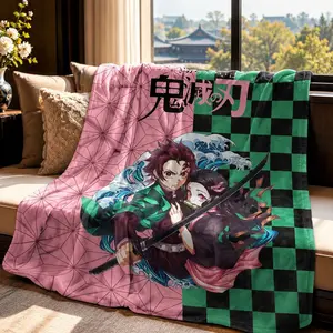 Demon Slayer Tanjiro Nezuko Anime Print Flannel Blanket, Thick Soft Non-Shedding Skin-Friendly Cover, All-Season Adult Home Air Conditioning Blanket