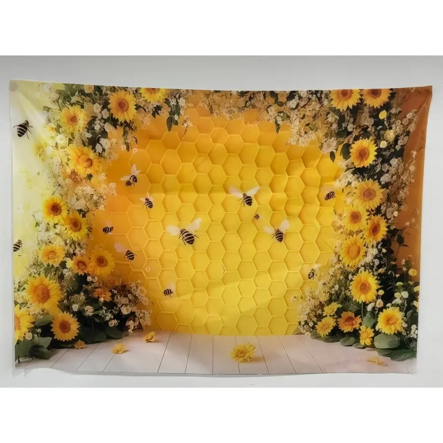 Yellow sunflower and bee background banner, suitable for birthday parties, holiday decorations, event backdrops, wall decorations, home / room / indoor / outdoor decor, garden decorations, photography backdrops, party supplies / gifts