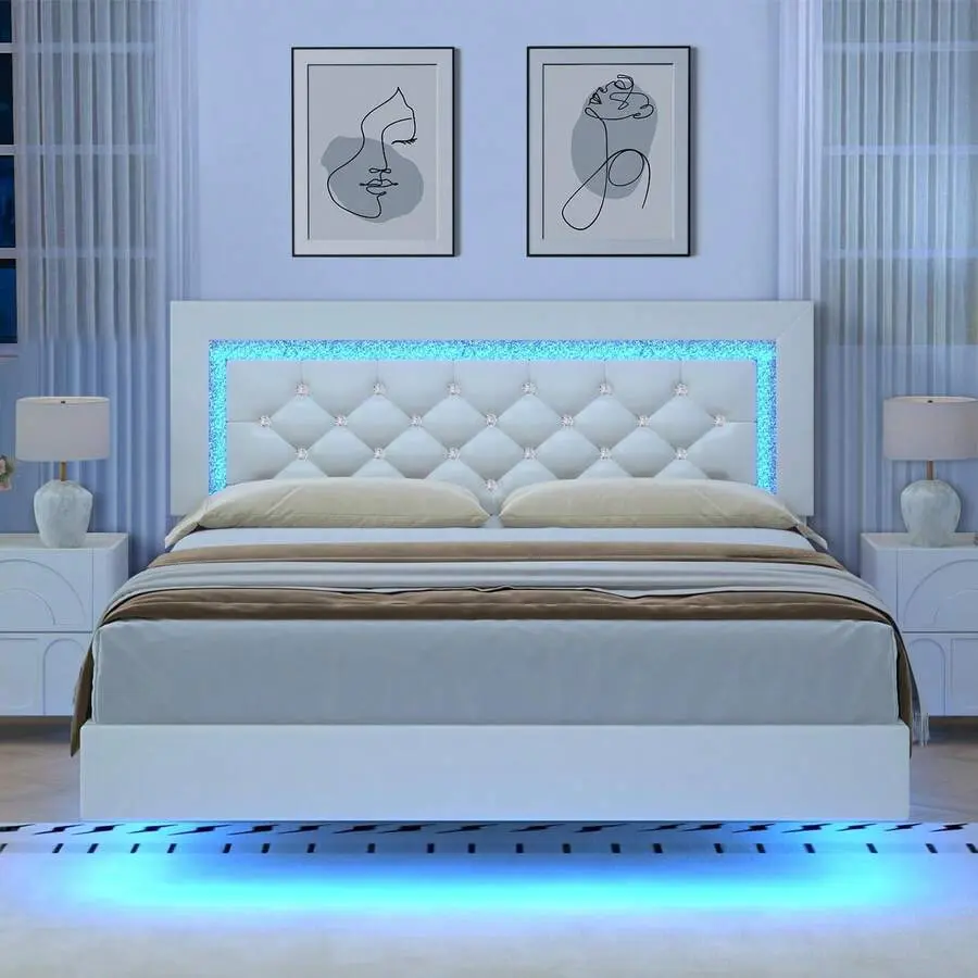 Twin/ Full/ Queen Bed Frame With Diamond Headboard, Floating Upholstered Bed Frame With LED Lights, Modern Bed Frame With Strong Wood Slats Support, No Box Spring Needed, Easy Assembly,  Day Decor Storage Living Room Decor Furniture House Decor