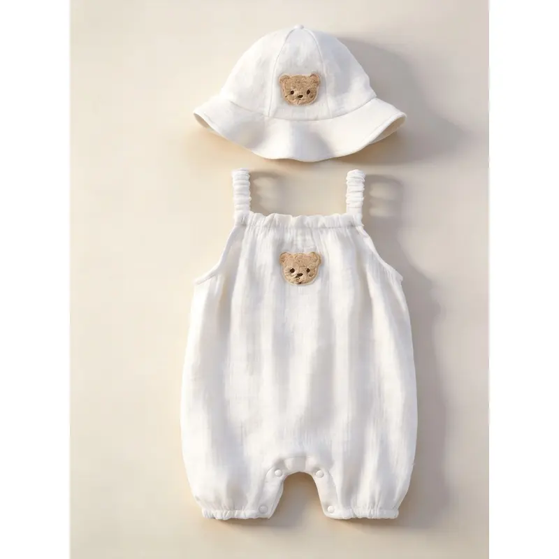 Newborn 2-Piece Summer Onesie Sets with Hat (Ages Under 18 Months) for Boys & Girls, Towel Fabric with Cute Bear Embellishments, Wrinkled Surface, Comfortable, Lightweight, Breathable, Perfect for Outdoor Use