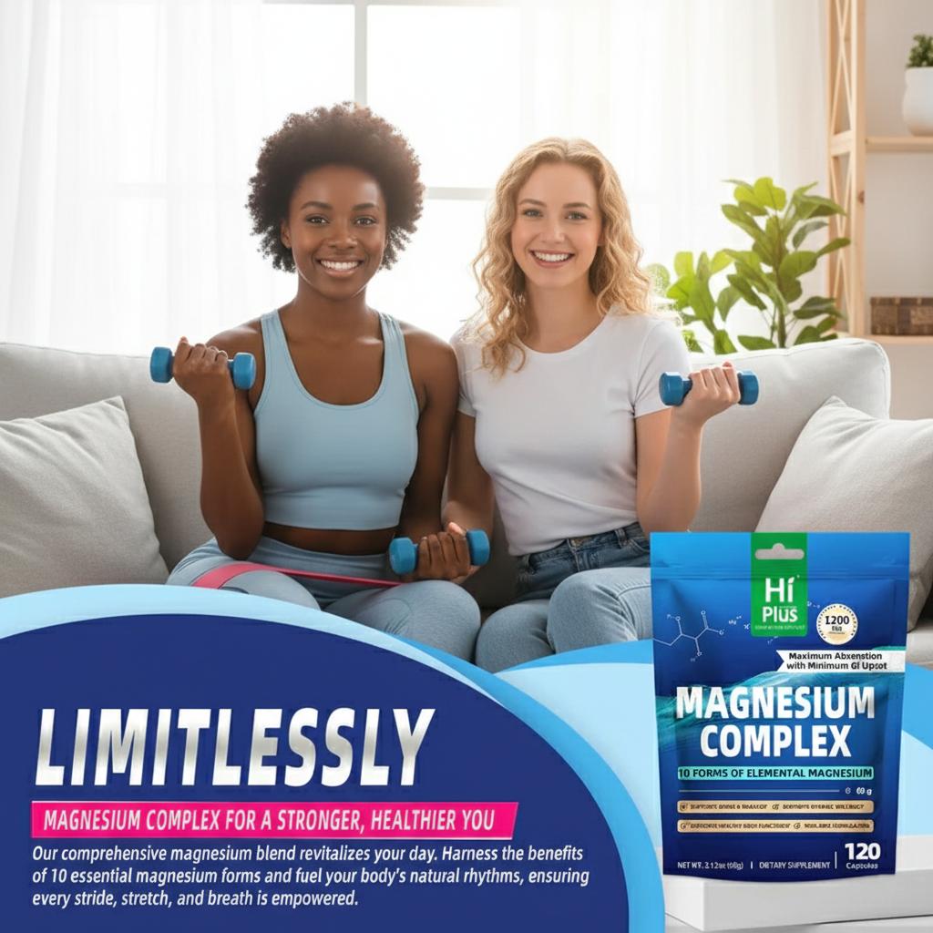 HiPlus Magnesium Complex 10 Essential Magnesium Supplement 1200mg Supports Energy and Relaxation for Active Fitness, Dietary Routine, and Muscle Wellness, 120 Capsules