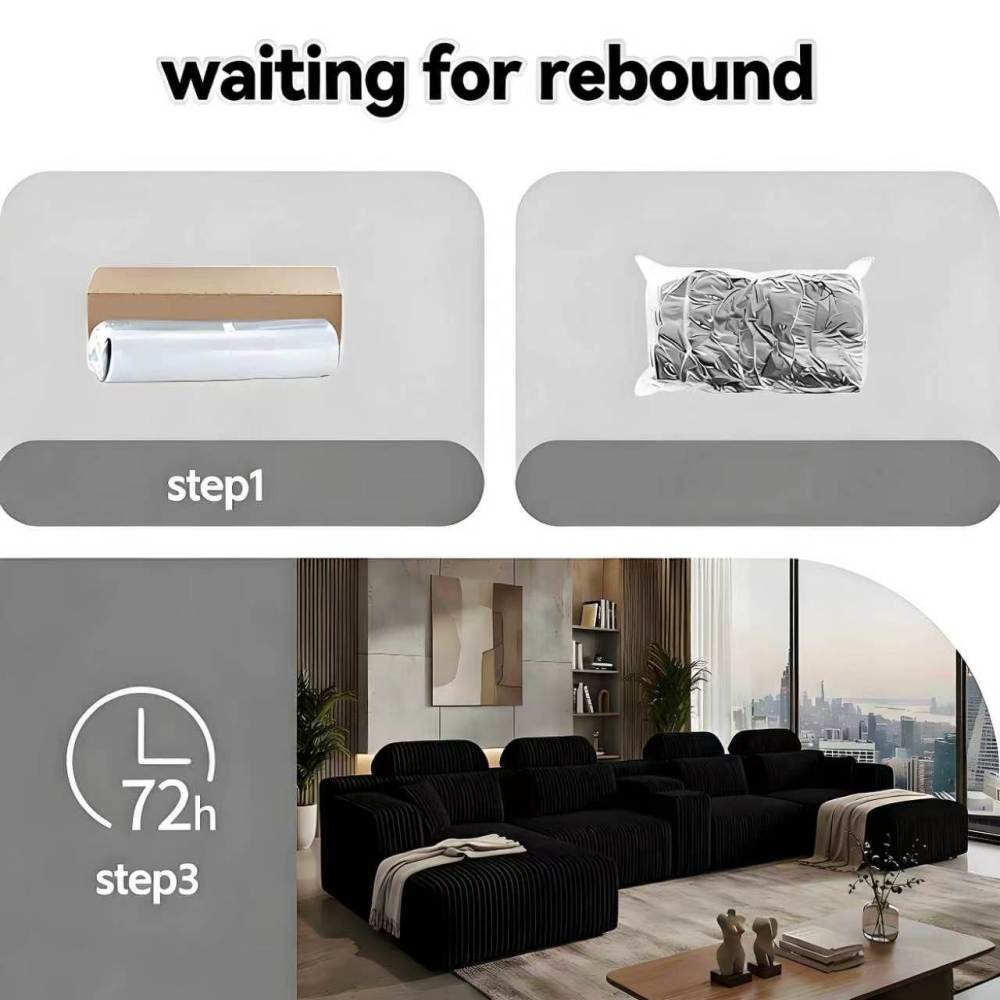 143.7-inch L-shaped sofa set with chaise longue and cup holders; modern black velvet sofa set; four-piece living room furniture set; oversized modular sofa; ideal for home theaters, living rooms, and luxury living spaces