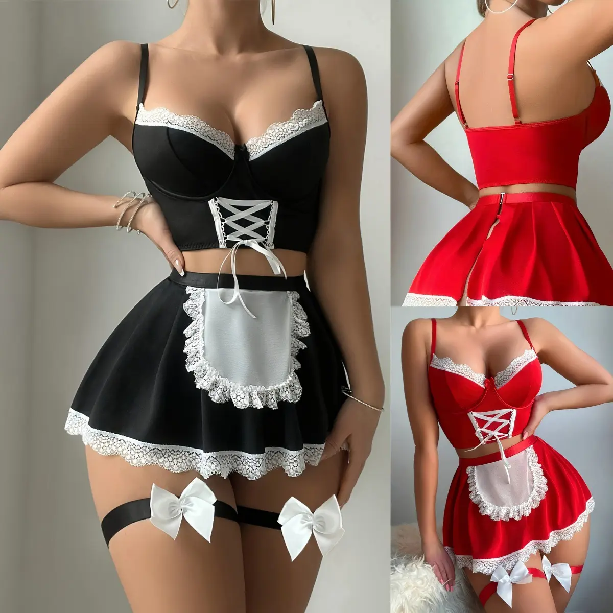 Women’s Maid Costume Set, Lace Apron Dress with Adjustable Straps, Cute French Maid Style Cosplay Outfit, Flirty Lingerie-Inspired Costume for Halloween Parties, Cosplay Events, Dress-Up & Themed Parties