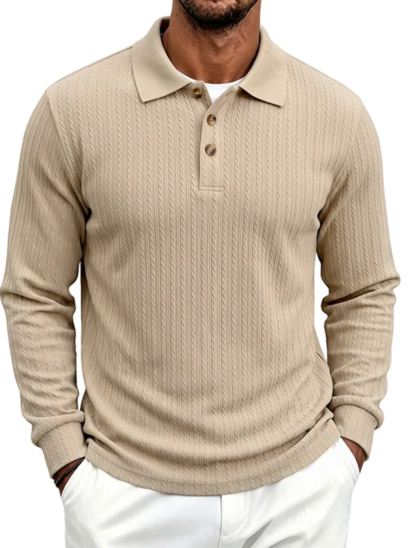 Men's Solid Cable Knit Long Sleeve Polo Shirt, Classic Lapel Collar 3 Buttons Placket, Soft Stretch Textured Pullover Top, Casual Lightweight Sweater For Business Daily Walking Autumn Winter Outdoor Wear