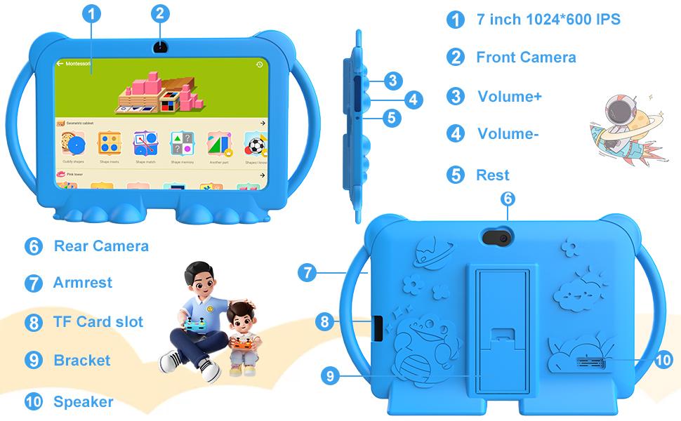 Tablet 7 inch Android 12.0 for, 4GB RAM 32GB ROM Bluetooth IPS Screen Parental Control Dual Camera Shockproof Case for Educational Games, (Blue)