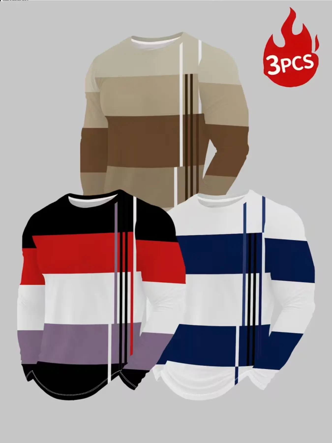 Men's Long Sleeve Crewneck T-Shirt Set, 3-Pack Vintage Colorblock Tees, Casual Geometric Pattern, Fitted H-Type, All-Season Fashion Top