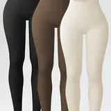 【Black Friday】Women’s 3-Pack Solid High-Waisted Workout Leggings, Comfortable Breathable Ribbed Slim-Fit Pants for Yoga, Gym Workouts, and Year-Round Wear