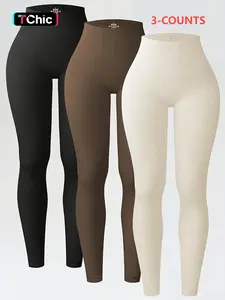 Women's Solid High Waist Sports Leggings, Sporty Comfy Breathable Ribbed Skinny Pants for Yoga Gym Workout, Ladies Sportswear for All Seasons