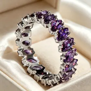 Marquise Cut Amethyst Cubic Zirconia Eternal Ring for Women Elegant Wedding Engagement Anniversary Daily Wear Jewelry
