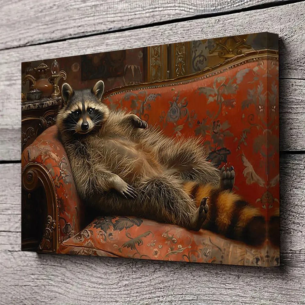 2D Flat, 1Pc Fat Raccoon Victoria Portrait Oil Painting Canvas Print - Fat Big Raccoon, Framed Wall Art Print, Home Decoration, Perfect Holiday Gift