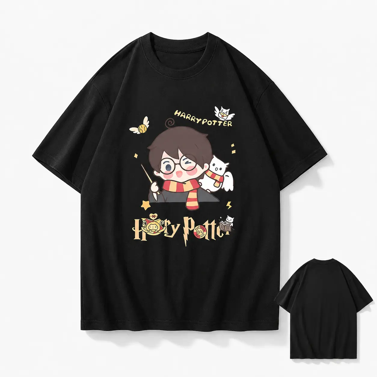 Women's Harry Potter Graphic Tee - Ole Brand Select Unisex Relaxed Fit Black Short Sleeve Crew Neck Top with Kawaii Cartoon Wizard Owl Print, Casual Streetwear Bookish Outfit, Fan Gift