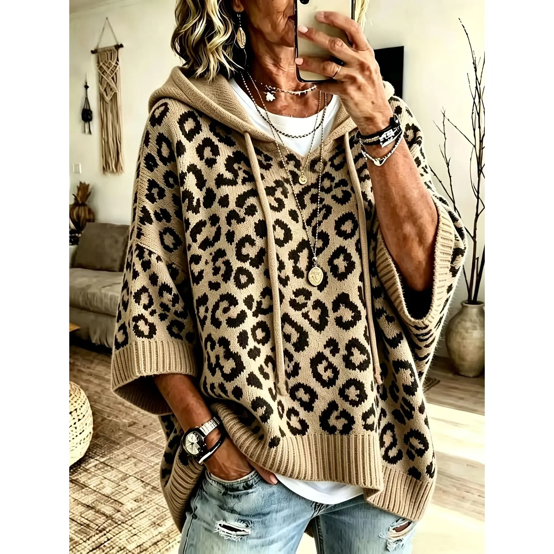 [Leopard Print Hoodie] Plus Size, Women's Casual Leopard Print Drawstring Hoodie, Classic and Versatile Elegant Hoodie for Women, Loose-Fit Comfortable Sweater, Autumn/Winter Sweater for Women with Curves, Suitable for Commuting and Casual Wear