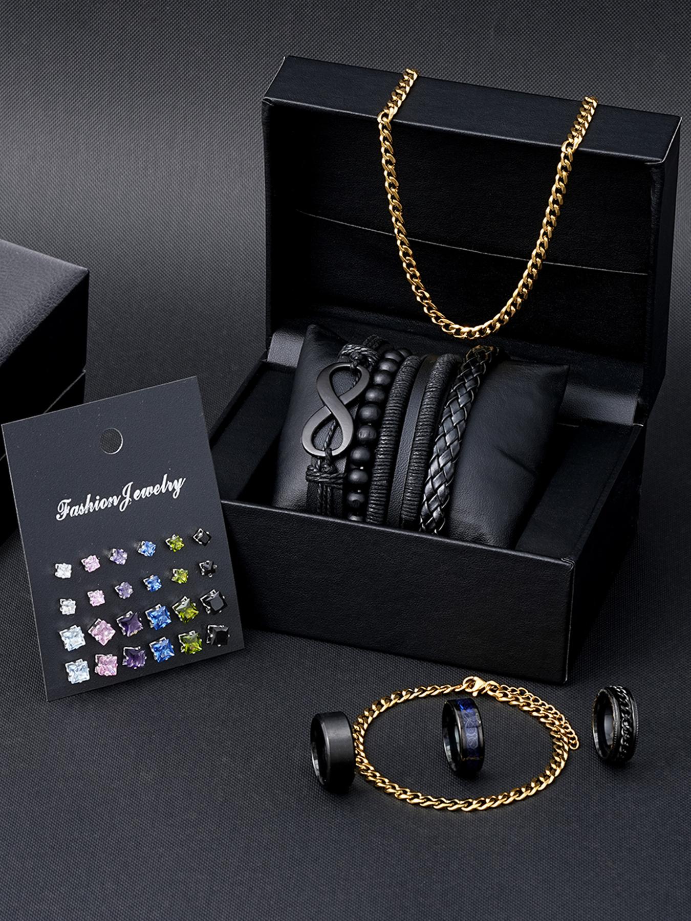 Men's Fashion Jewelry Set, 33 Counts Casual Rhinestone Decor Beaded & Drawstring Design Necklace & Bracelet & Stud Earrings & Rings for Men, Fashion Jewelry for Party, Daily Clothing Decor, Trendy All-match & Exquisite Jewelry for Birthday Gift