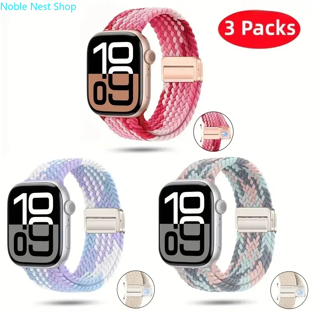 3-Pack Magnetic Buckle Braided Nylon Bands, Elastic Solo Loop Sport Straps, Breathable Outdoor Wristbands Compatible with 38–49mm Ultra 2, SE & Series 1–10 for Daily Wear & Hiking