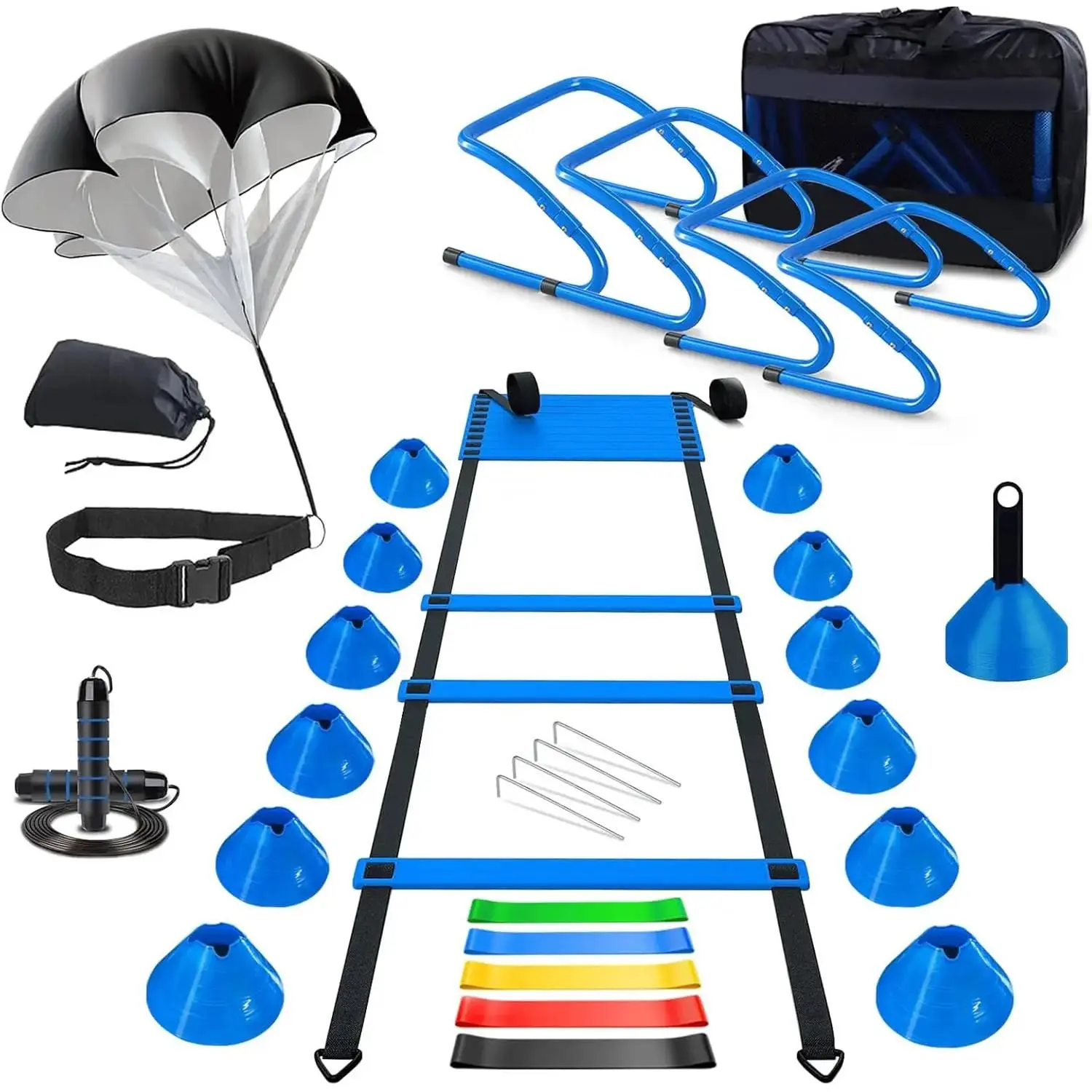 Agility  Equipment, Football  Equipment Includes 20FT Agility Ladder,4 Adjustable Agility Hurdles, 12 Football Cones, Parachute, for  Soccer Basketball Athletes