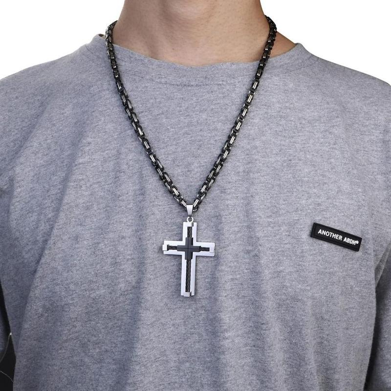 FINREZIO Stainless Steel Large Cross Chain Silver/Gold/Black Cross Pendant Byzantine Chain Necklace Cross Necklace for Men 24" gifts girlfriend necklace stack jewelry men men's jewelry chains for men y2k accessories men's jewelry