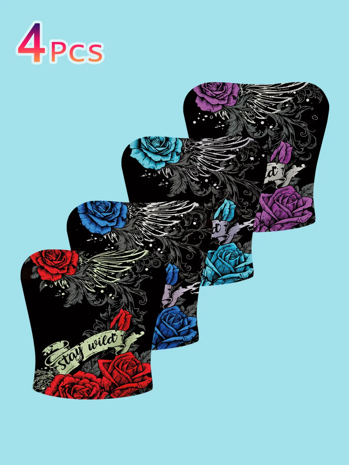 4-Pack Gothic Rose Wing Print Tube Top, Slim-Fitting Short Sleeve Backless Vest, Casual All-Season Innerwear for Women, Bandeau Tube Tops, Bandeau Cropped Tops