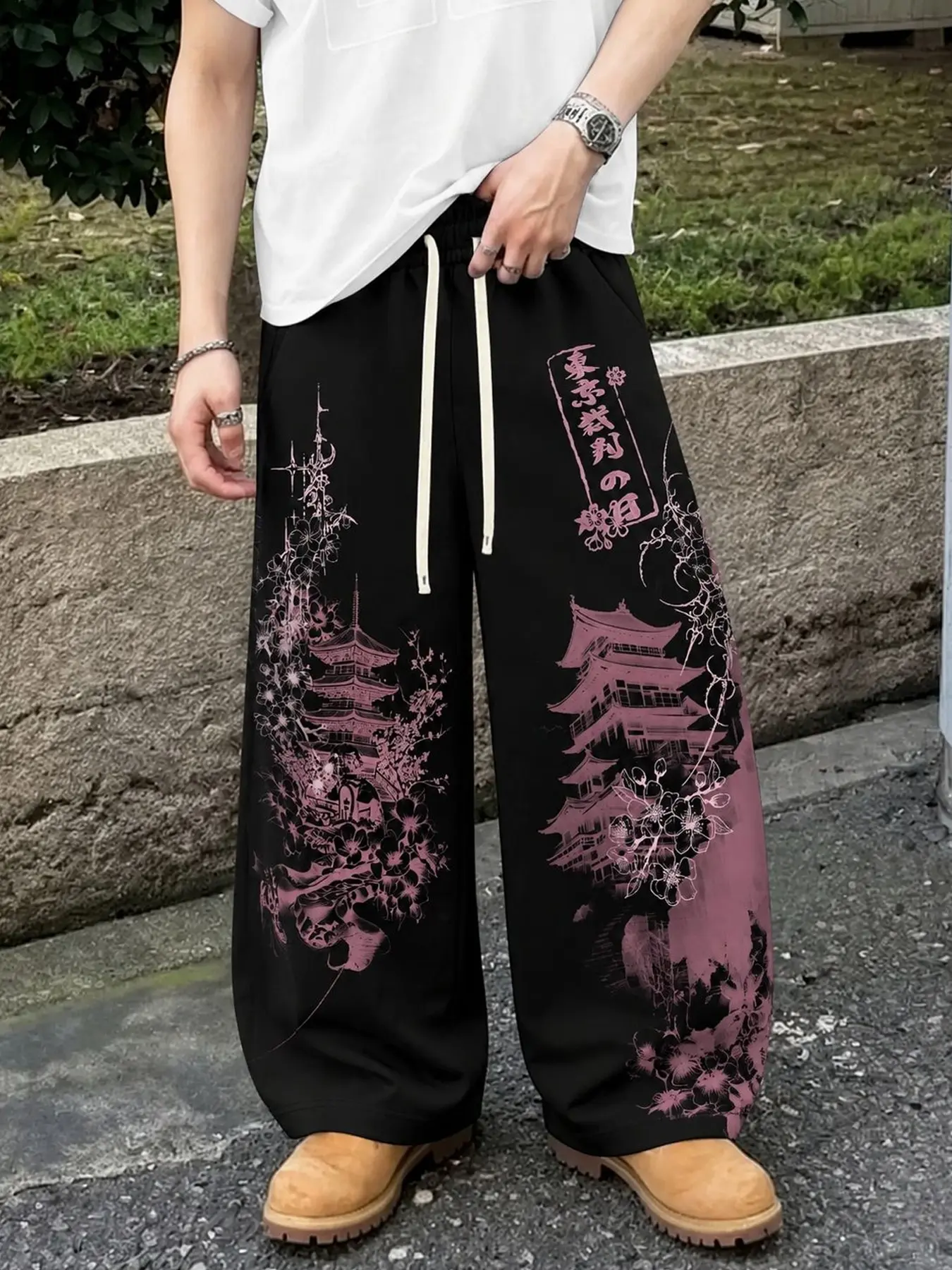 Men's Black Baggy Graphic Jogger Pants, Wide-Leg Drawstring Sweatpants with Pink Japanese Temple & Cherry Blossom Print, Retro Y2K Streetwear Bottoms for All Seasons, Campus Looks, Skate Outfits, Travel, Casual Hangouts, Weekend Wear, and Relaxed Harajuku