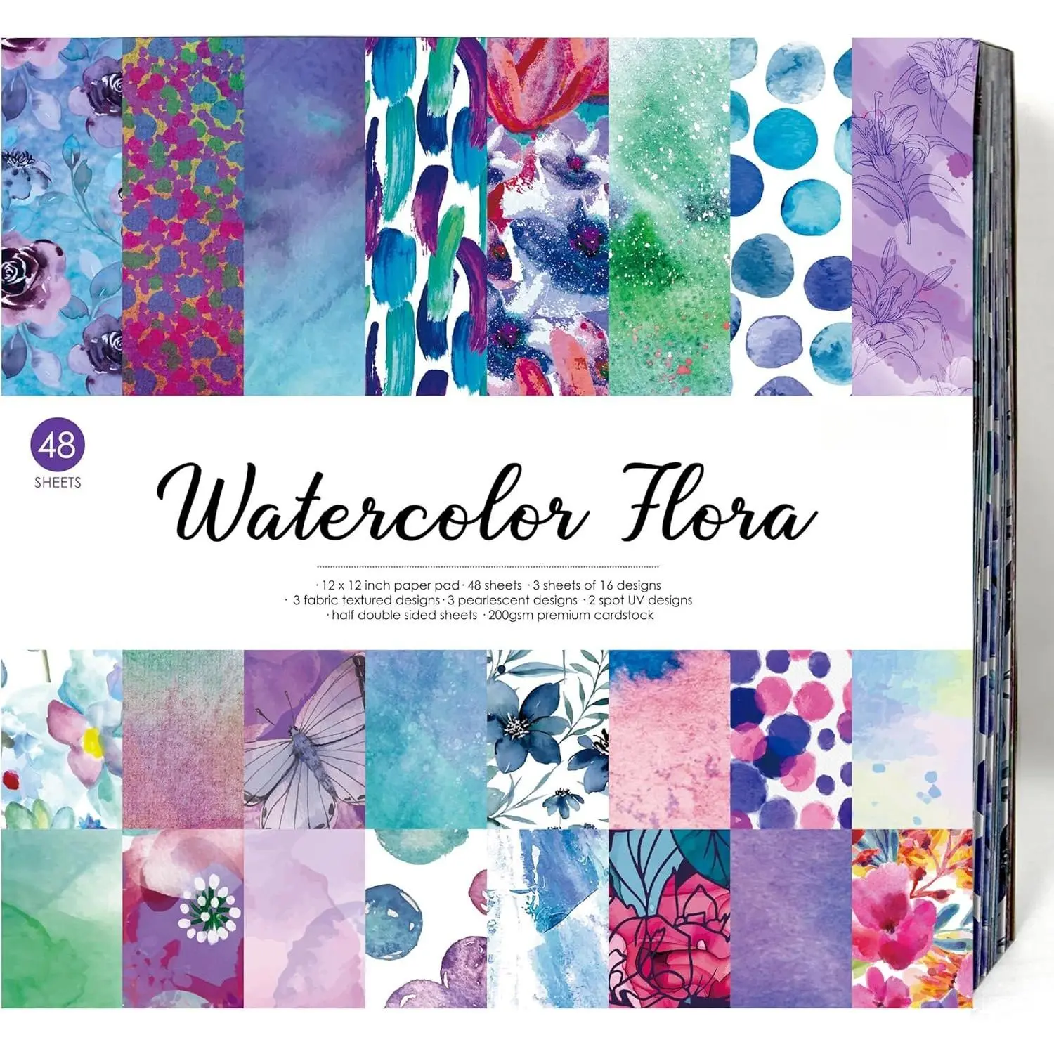 48 sheets 12x12 Scrapbooking Cardstock Decorative Paper Pack - Watercolor Flora - for Card Making Journaling Planner Origami Scrapbook Collage Paper Materials Supplies