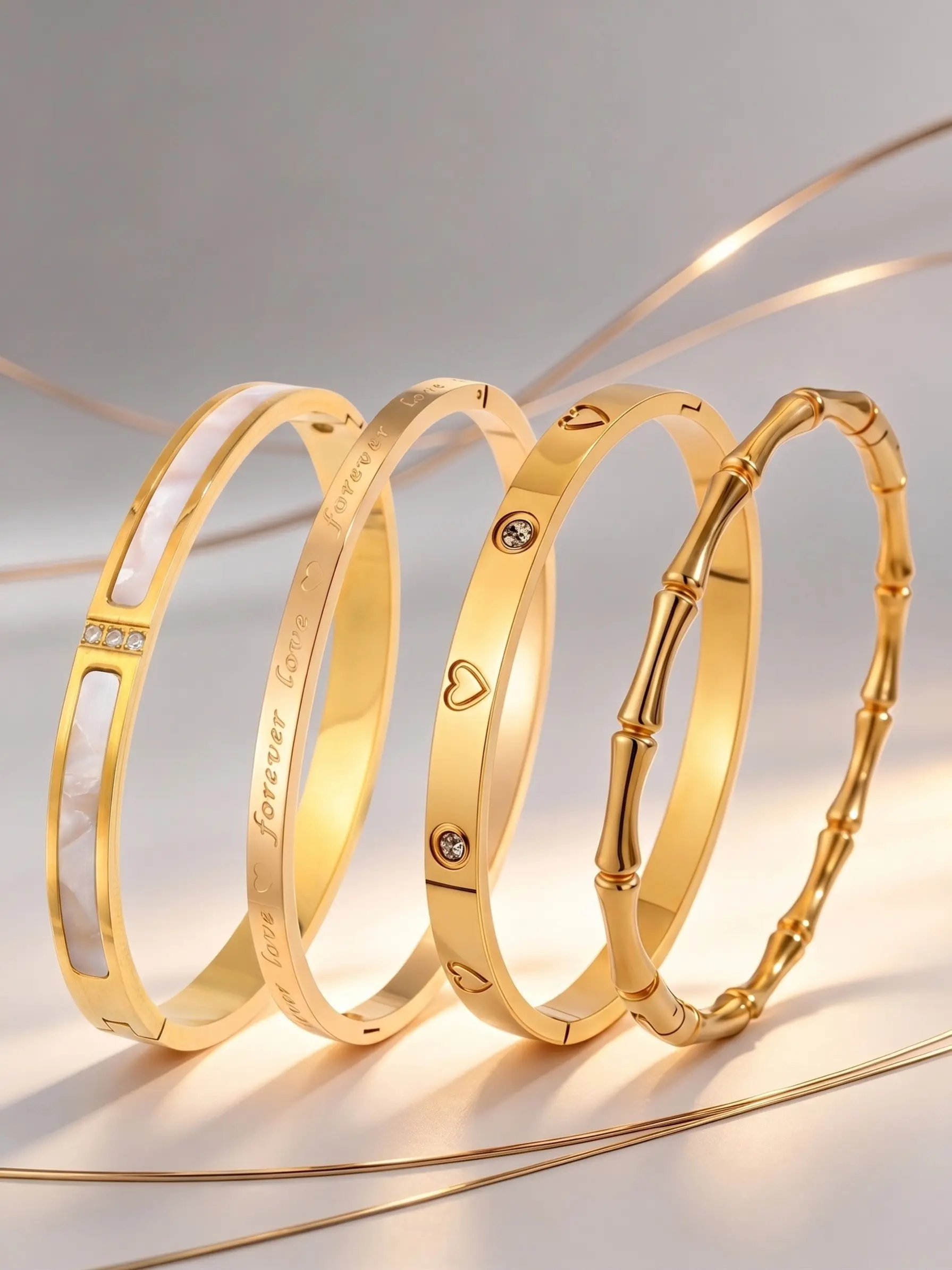 Four-Piece Luxury Bangle Set, Bamboo Node Heart Design, Perfect for Daily Commute, Ideal Holiday Gift, Elegant Jewelry Collection, Bangles Set