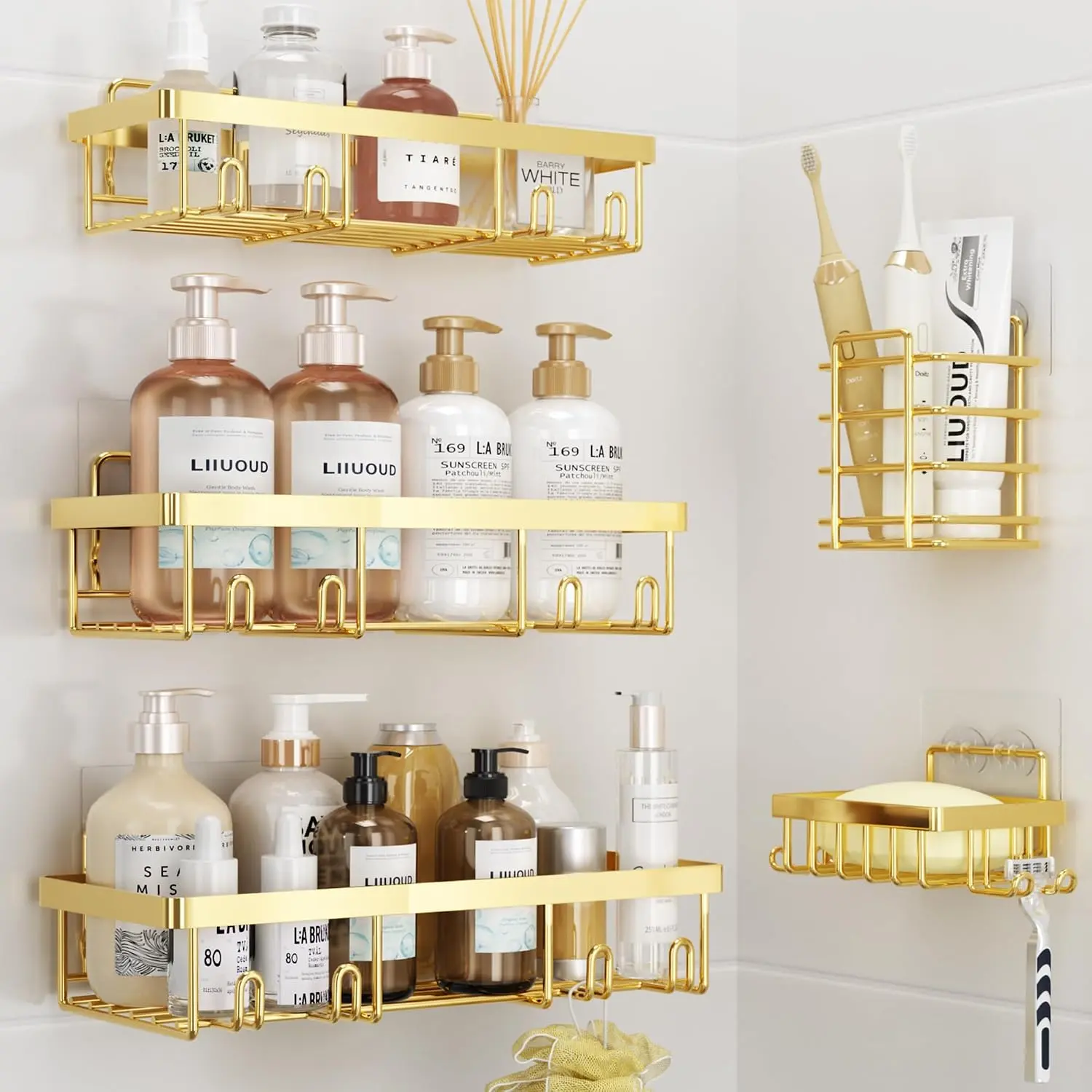5 Pack Shower Organizer Rack Shelf for Inside Shower, Self Wall Basket Rustproof Stainless Shampoo Holder Accessory Decor Set, Gold