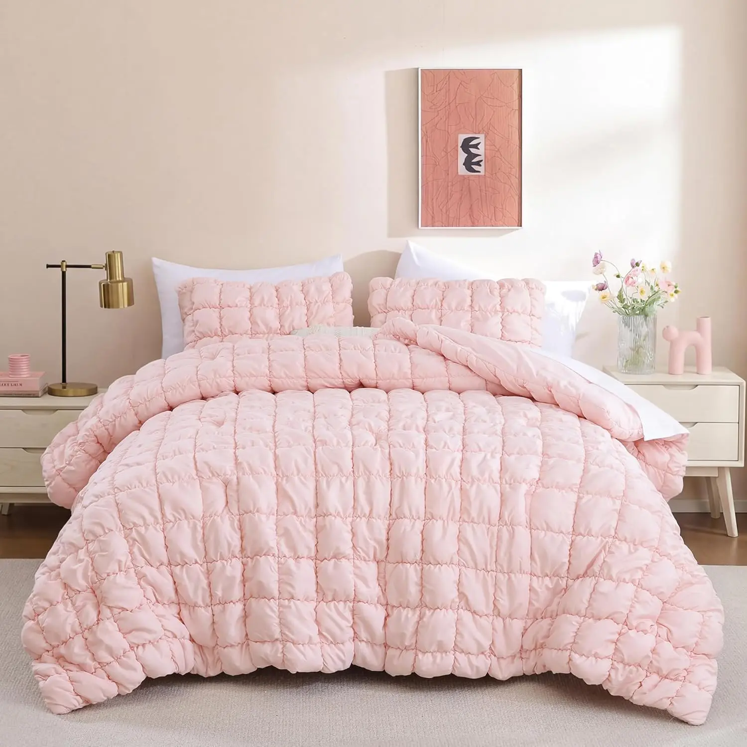 Queen Comforter Set, Blush Pink Comforter with Puff Comforter Set Queen, Cloud-Like Soft Cozy Bedding Set, Lightweight Warm Bedroom Decor for All Season with 2 Pillowcases