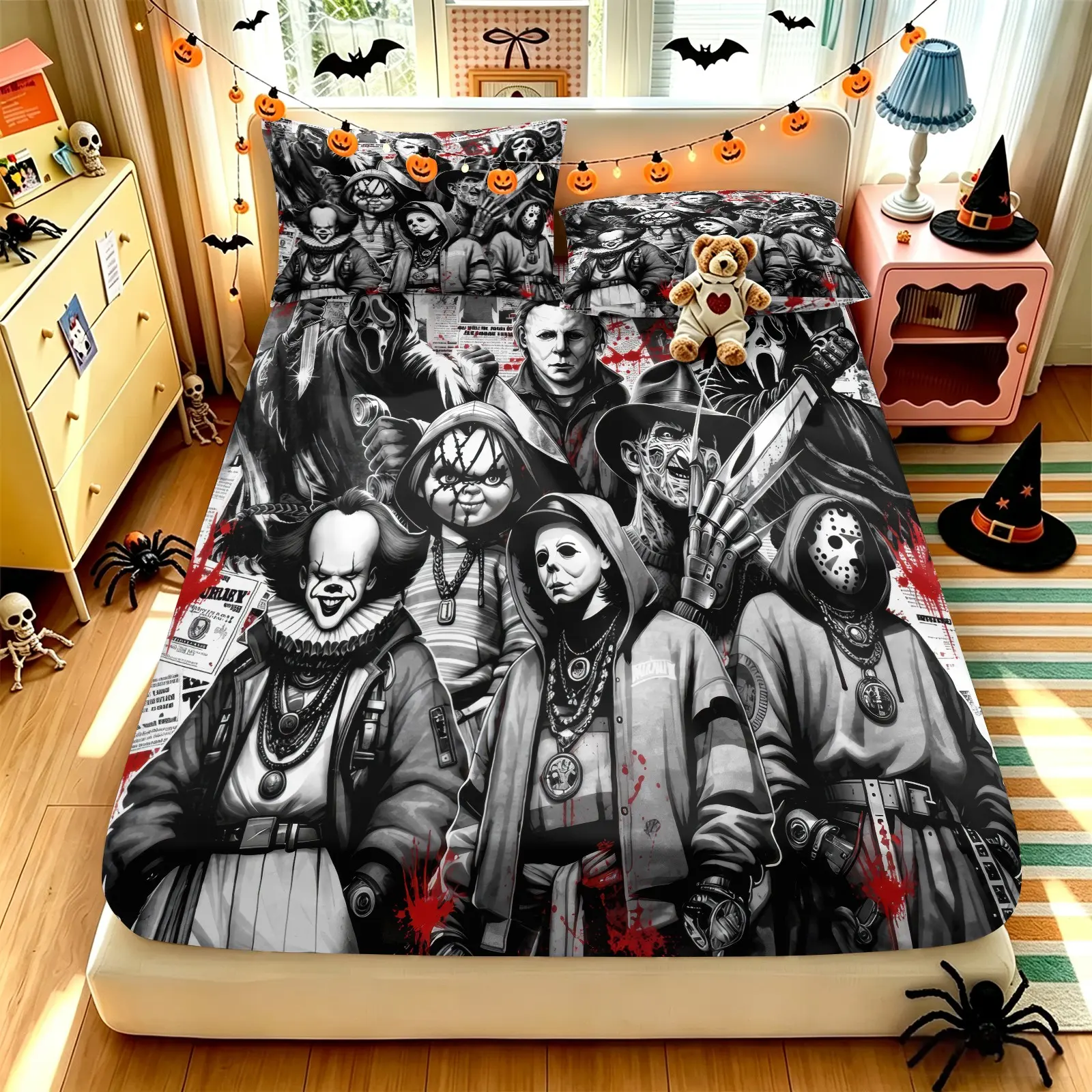 Classic Horror Movie Villains Halloween Print Fitted Sheet Set & 2 Pillowcases-Black and White Manga Sketch Bedding-Soft Breathable Non-Slip-Dark Cool Style Bedroom/Movie Fans Bedroom/Halloween Home Decor