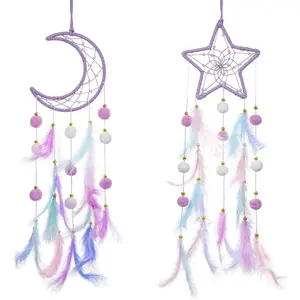 Purple Dream Catcher Wall Hanging Set, 2 Pcs Moon Star Pompom Feather Dreamcatcher Handmade Boho Wall Decor for Bedroom Nursery Walls Art Birthday Gifts