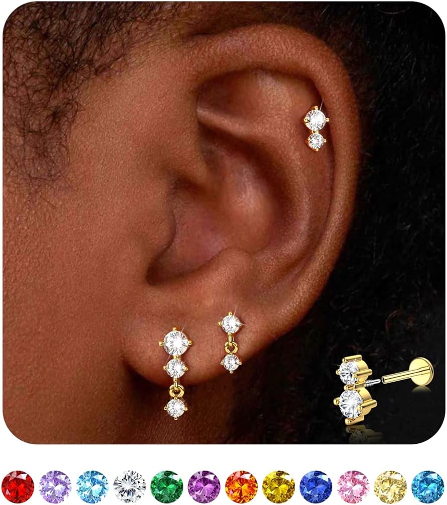 3 Pairs Flat Back Earrings Studs 18G-Hypoallergenic Cartilage Earring Sets for Multiple Piercing-Minimalist CZ Birthstone Drop Dangle Earrings Internal Thread Flatback Earring Stacks for Conch Tragus Helix Piercing Jewelry
