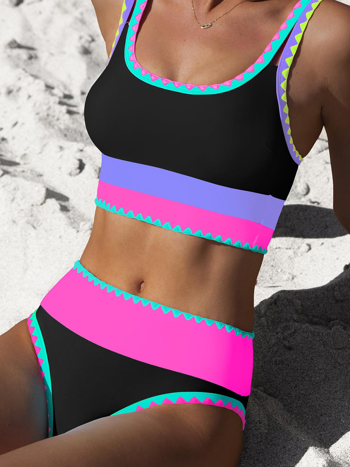 Popvil Beachball Kayaking 3 Piece Bikini Sets,Tummy Control & High Waisted Swimsuit with Adjustable Wide Shoulder Straps, Neon Color Sporty Swimsuit