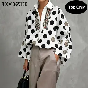 UOOZEE Women's Oversized Polka Dot Print Blouse, Long Sleeve V Neck Button Up Loose Shirt Vintage Ethnic Circle Print Casual Daily Going Out Polyester Tops Spring Summer Autumn All Season