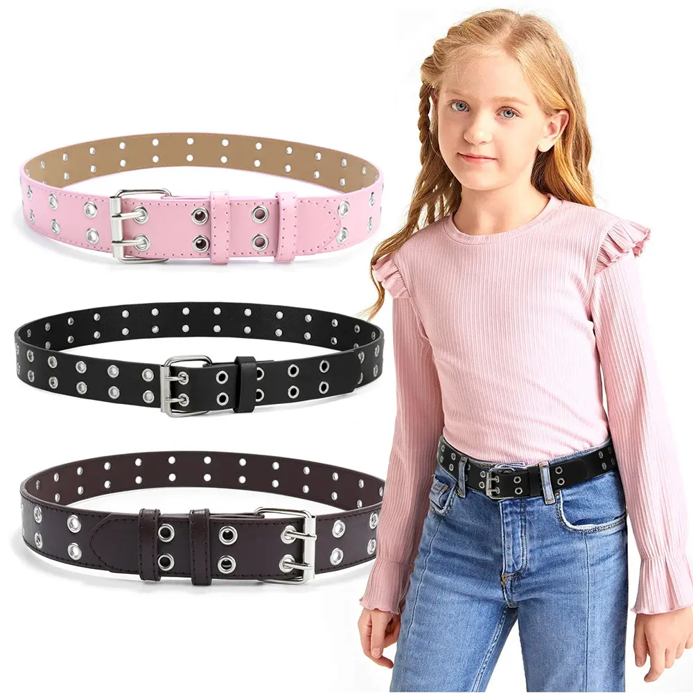 Effortless Girls Double Grommet Leather Belt Kids Toddlers Double Pin Buckle Belt Round Eyelets Full Length Adjustable Waistband for Jeans Dresses Pink Black Brown School Outfit Accessories