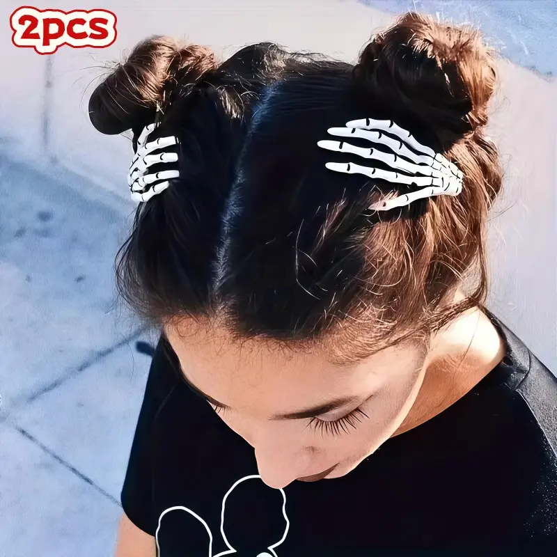 2 Pcs Halloween Skull Hand Fun Hair Clips, Realistic Bone Design, Secure Clip, Side Clip & Stray Hair Holder, Party Accessory, Hair Style Accessory