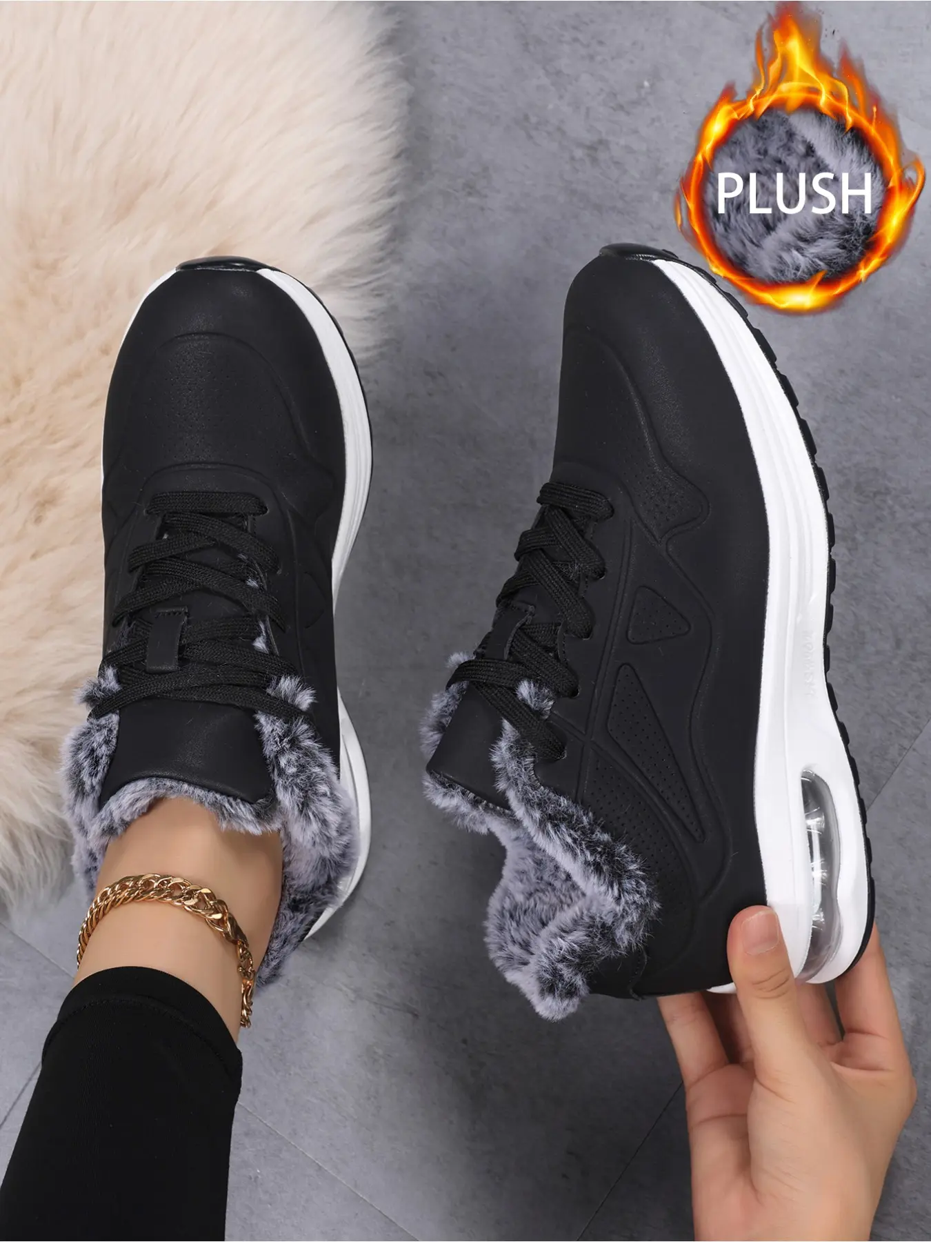 Bright Color Women's Fleece Lined Air Cushion Sneakers, Stylish Sneaker, Winter Warm Plush Lining Platform Shoes, Non-Slip Shock Absorbing Casual Footwear for Daily Commute & Party