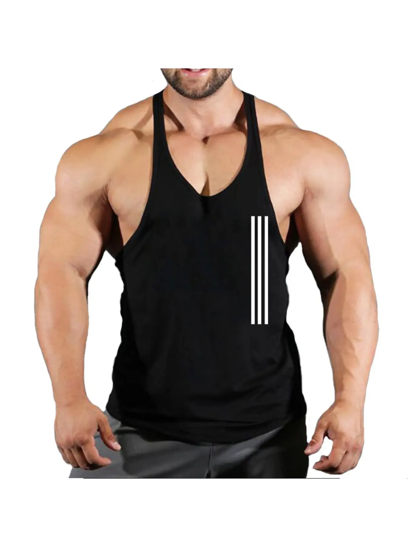 Men Vertical Side Stripe Print Stringer Tank Top Breathable Bodybuilding Gym Workout Sleeveless Fitness Vest Muscle Tanks