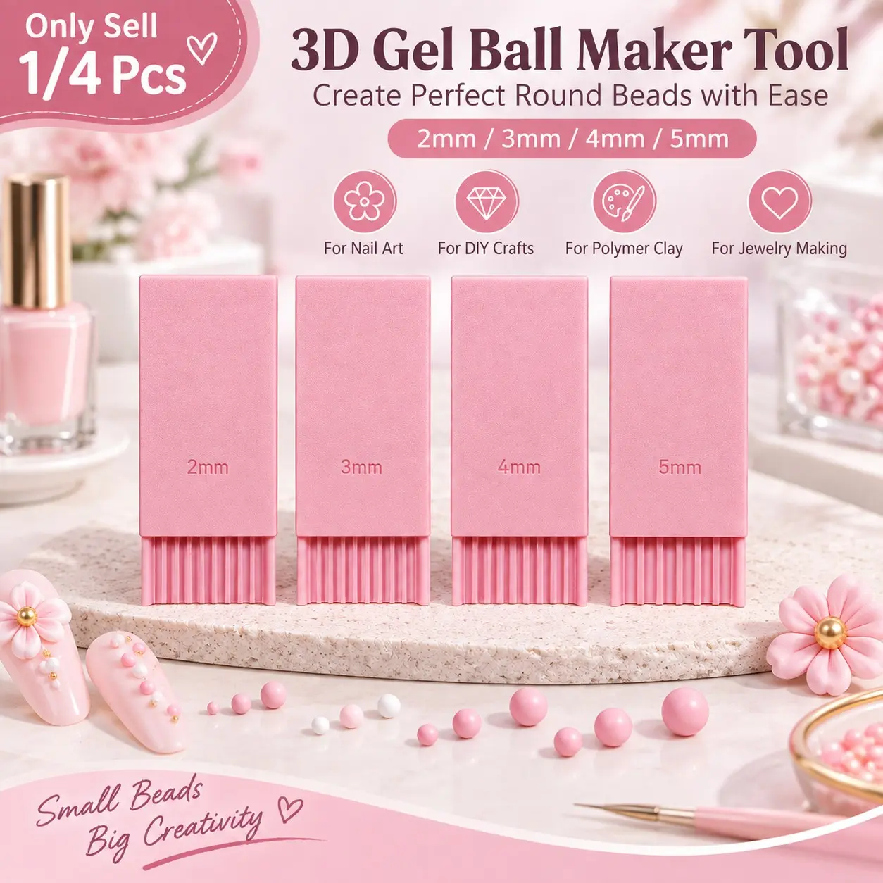 1/4 PCS 3D Print Clay Gel Ball Maker Tool, Nail Art Bead Roller for 3D Gel Flowers, Bead Roller for 2mm 3mm 4mm 5mm Round Beads, Sphere Shaper for Nail Art, Polymer Clay, Earrings, Jewelry Making and DIY Crafts