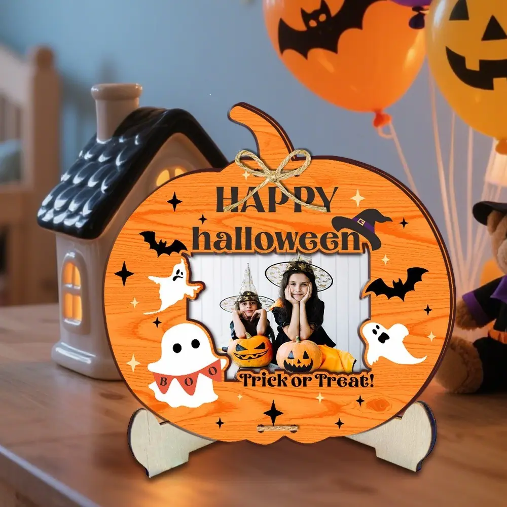 Halloween Pumpkin Wooden Frame, 1 Pack with Stand Desktop Photo Frame, Ghost Bat 'trick or Treat' Decoration, Home Party Office Halloween Decor