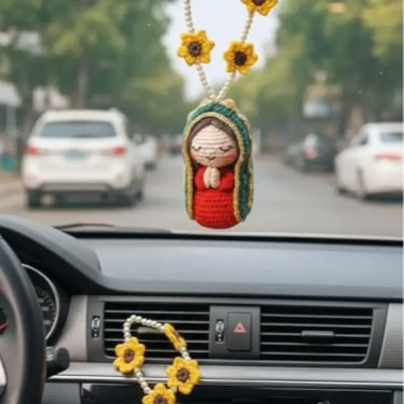 Multiple Styles Available Wish Figure Doll Sunflower Yarn Handmade Knitted Portrait Car Hanging Ornament, Unique Crafted Decorative Item, Car Interior Decoration, Car Ornaments