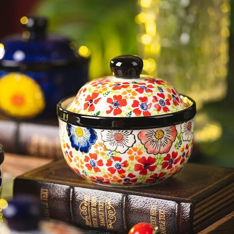 Hand-Painted Ceramic Stew Pot with Lid, Double-Boiler Soup Jar for Home, Egg Custard Bowl, Multi-Use Dessert Bowl & Steamer