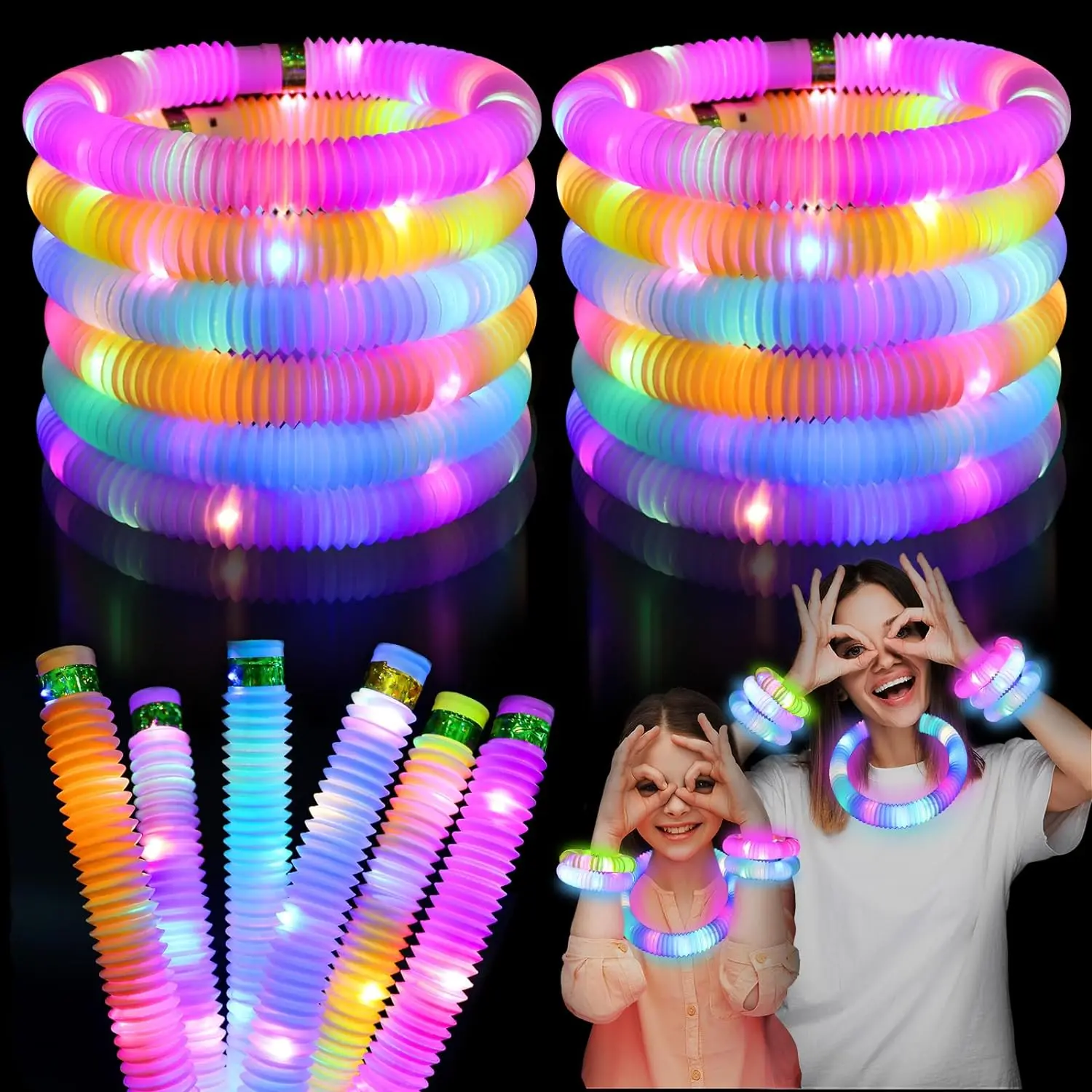 Light Up Pop Fidget Tubes Party Favors , 12 Pack Glow in The Dark Party Supplies Toddler Sensory Toys, Large Glow Sticks as Goodie Bag Stuffers and Birthday Party Pack Return Gifts