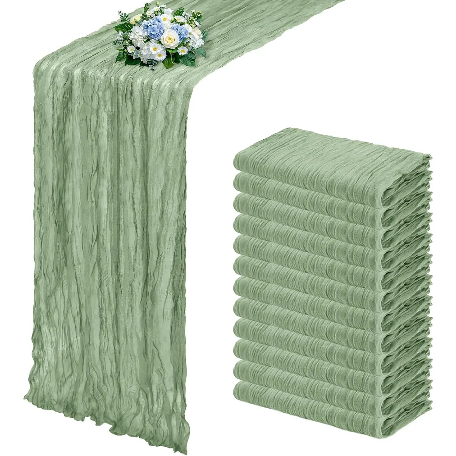 12 Pack Sage Green Cheesecloth Table Runner 17x108 Inch Semi Sheer Boho Gauze Cheese Cloth Fabric Table Runners, for Wedding Party Baby Shower Birthday Home Decor Garden Farmhouse