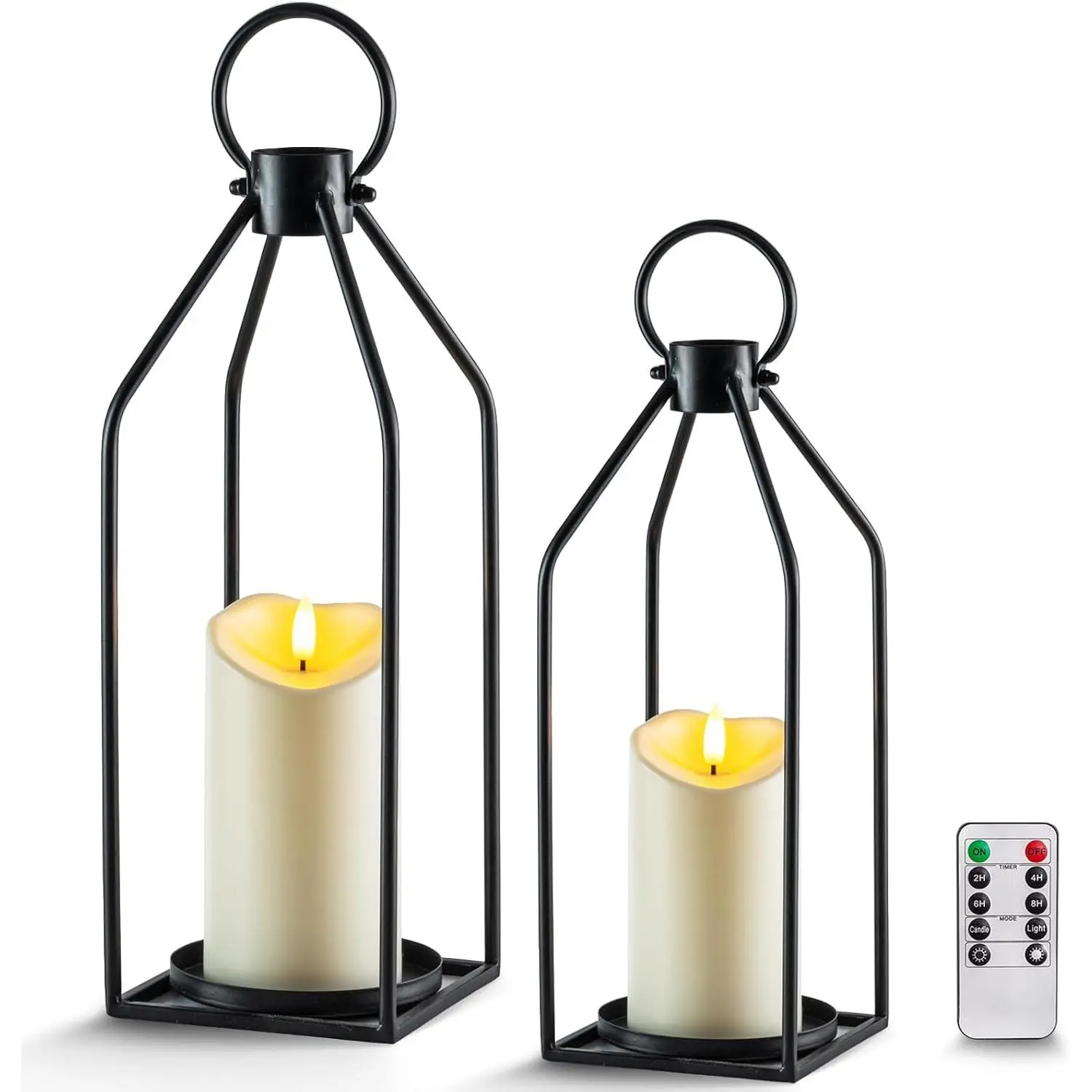 Modern Black Metal Lanterns (2-Count) with Flameless Candles, 2 Sizes, Indoor-Outdoor Candle Holders for Fall, Halloween, Christmas Living Room Decor, Two Sizes