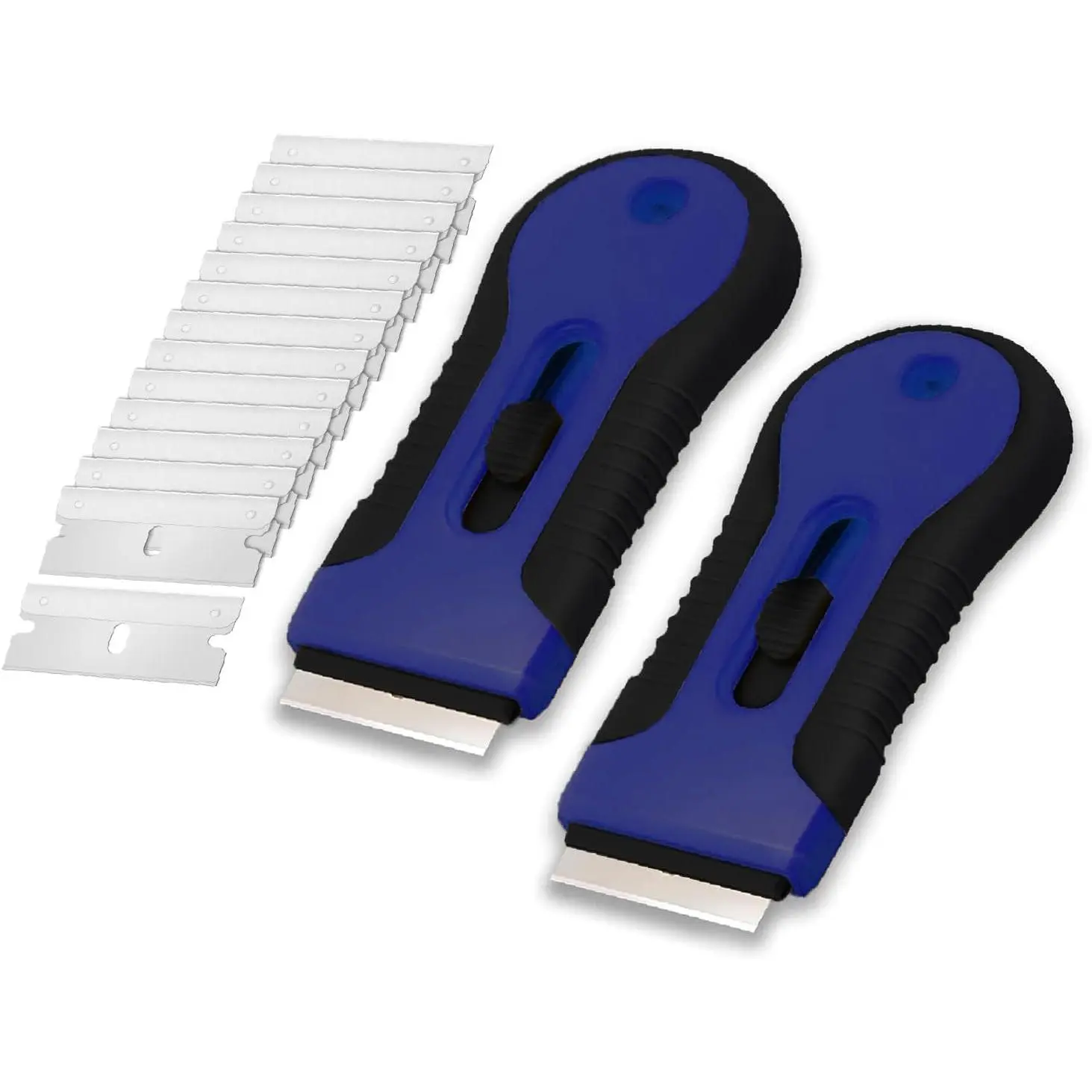 2-Pack Versatile Razor Scraper Tool Set with Anti-Slip Handle Design, 30 Extra Stainless Steel Scraper Blades, Black & Blue Cleaning Tools for Window, Oven, Glass
