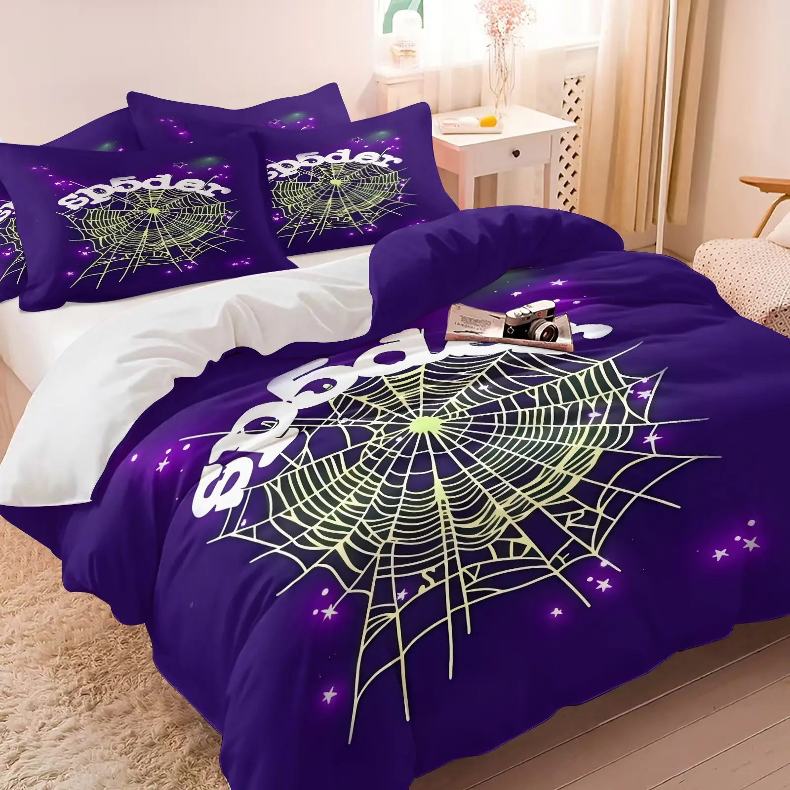 Deep Purple Fluorescent Spider Web Bedding Set, 1 Duvet Cover + 2 Pillowcases, Hip Hop Street Style, Neon Starry Print with Halloween Vibe, Teen Bedroom Dorm Gaming Room Decor, Theme Bedding