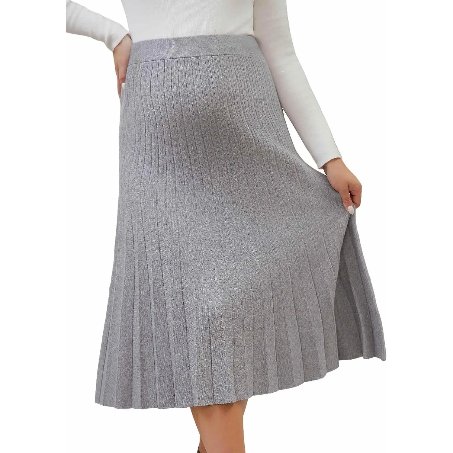 Womens Maternity Pleated Skirt Sweater Knit Casual High Waist Pregnancy Midi A Line Office Work Skirts