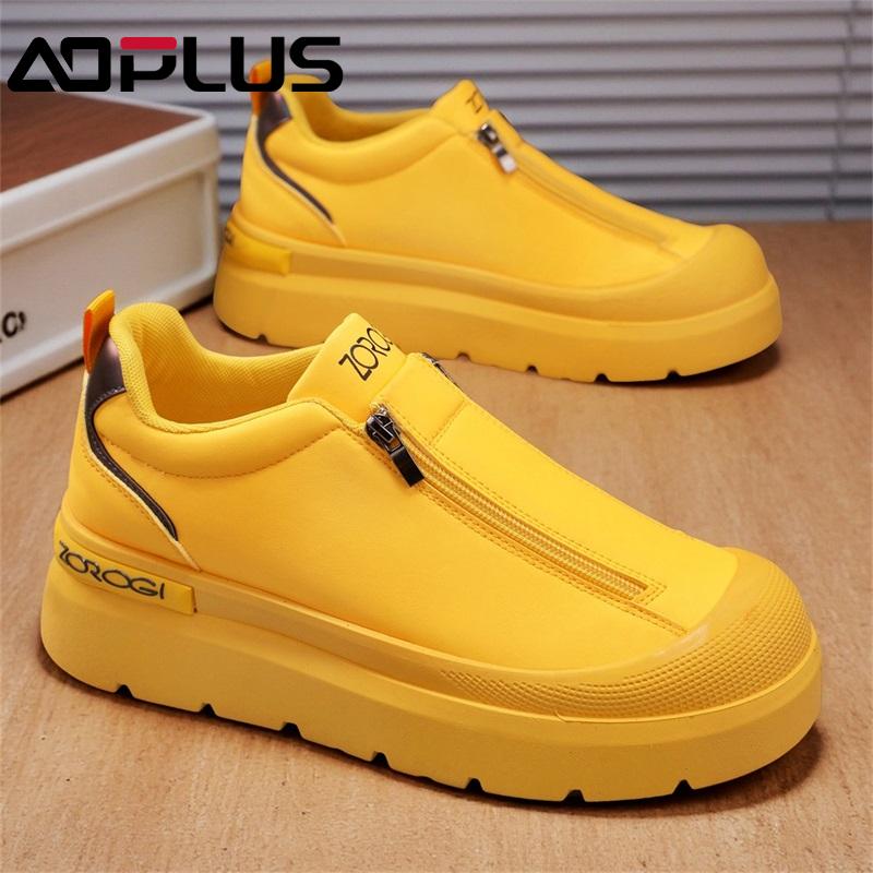 AOPLUS Men's Slip-On Sneakers – Stylish Black Zipper Shoes with Platform Sole