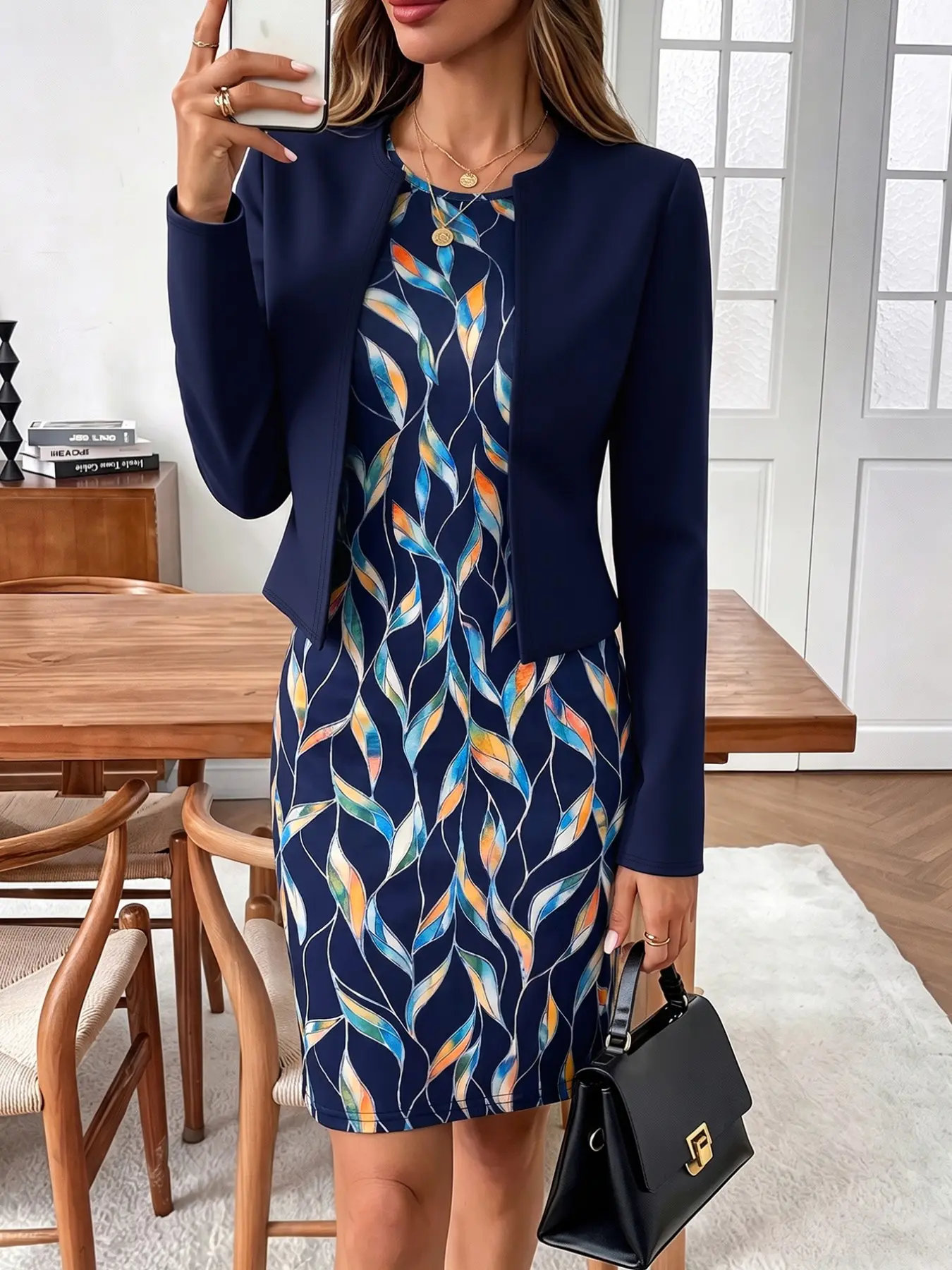 Women 2 Piece Outfit Set, Navy Crew Neck Cropped Blazer Jacket & Colorful Leaf Print Bodycon Mini Dress Business Office Commute Suit，2 Piece Outfit Set、Bodycon Dress、Office Outfit、Business Casual、Workwear、Printed Mini Dress、Matching Set