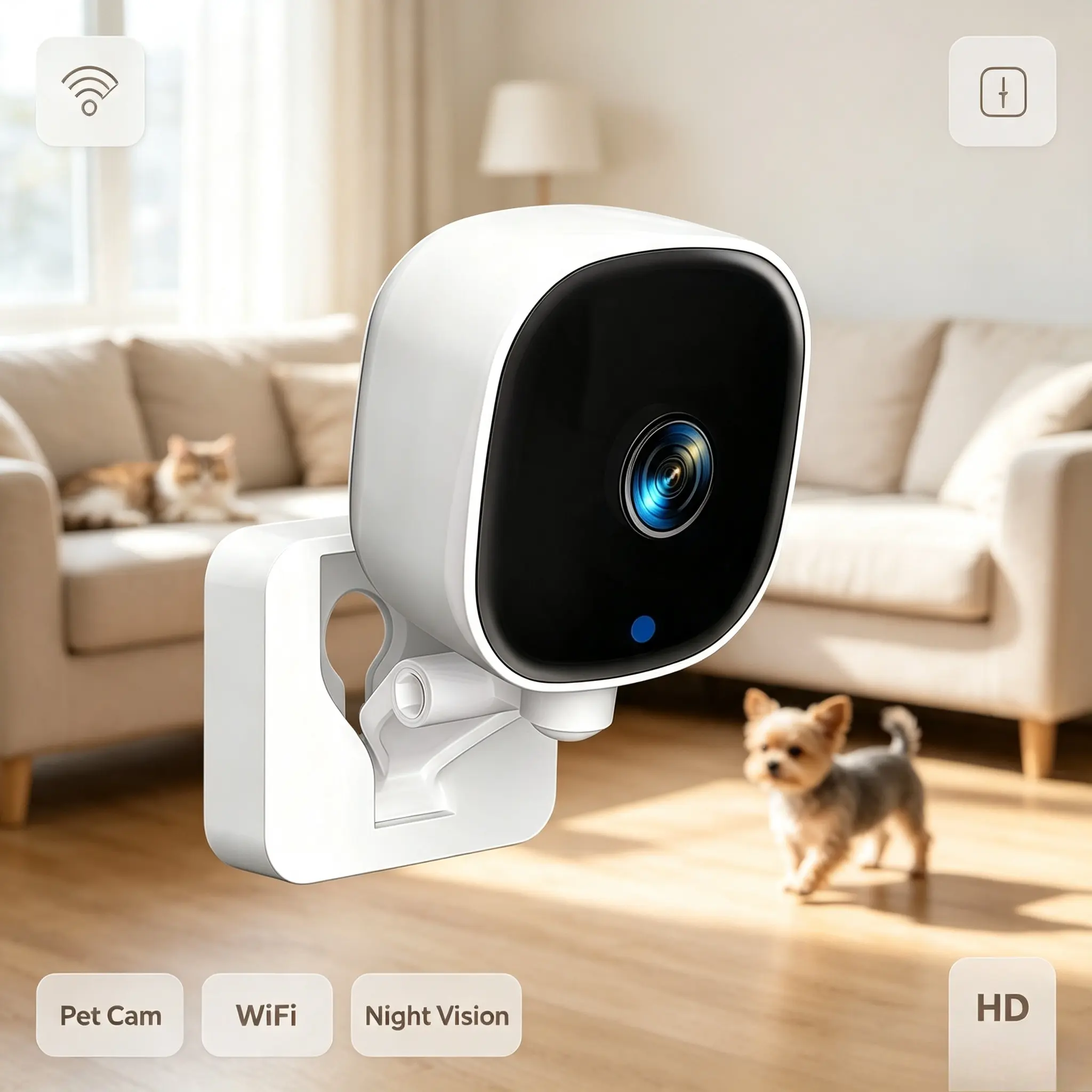 HD cat camera,dog camera,Two-way audio,remote observation via app,night vision,pet cam,records the movement trajectory throughout the day. SD card and cloud storage,Suitable for pet owners to observe the pets' activities.