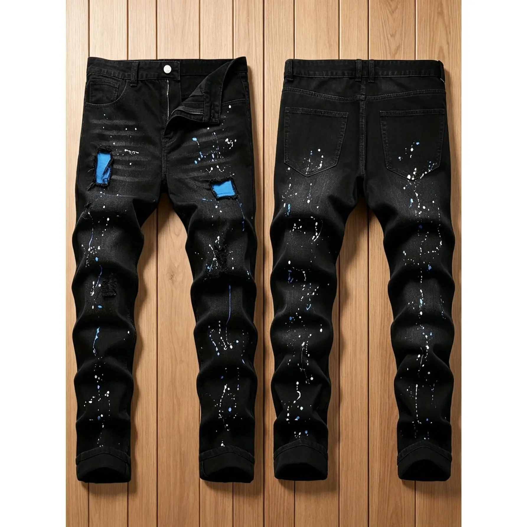Embellished Men's Jeans in Black Stretch Denim, Slim Fit Ripped Streetwear Style with Ink Splatter and Patches, Menswear, Distressed Denim Style